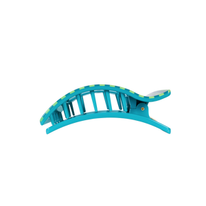 Blue hair clip with green accents on a white background