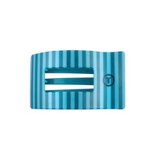 Blue striped hair clip with a brand logo on a white background
