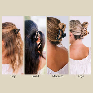 Four different hair clip sizes on a person with varying hairstyles.
