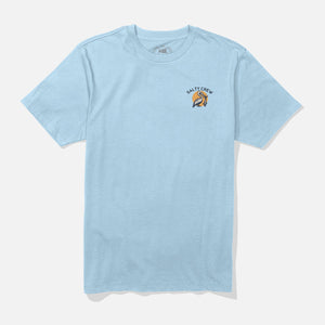Light blue t-shirt with a small logo on the chest against a white background