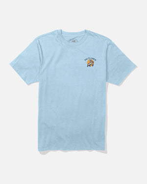 Light blue t-shirt with a small logo on the chest against a white background