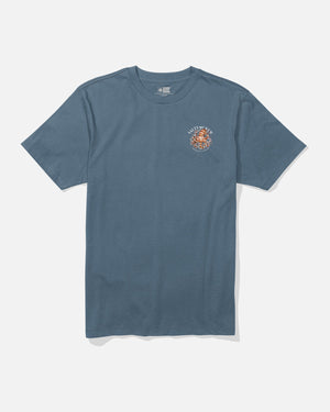 Blue t-shirt with a small graphic on a white background