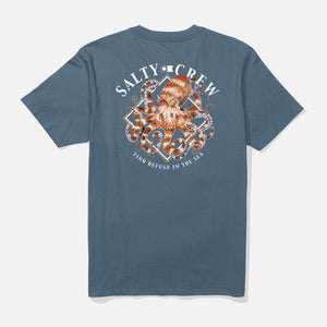Blue t-shirt with Salty Crew octopus graphic on a white background