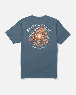 Blue t-shirt with Salty Crew octopus graphic on a white background