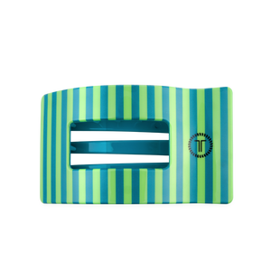 Striped green and blue hair clip with a brand logo on a white background