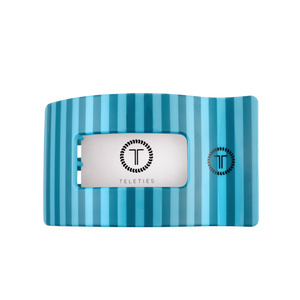 Blue striped hair clip with a silver label featuring 'Teleties' logo on a white background