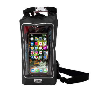 Black waterproof phone case with a phone displaying app icons on a white background
