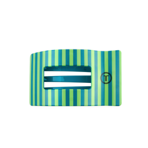Striped green and blue hair clip with a brand logo on a white background