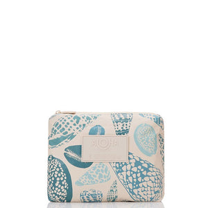 Cosmetic bag with blue and beige pattern on a white background