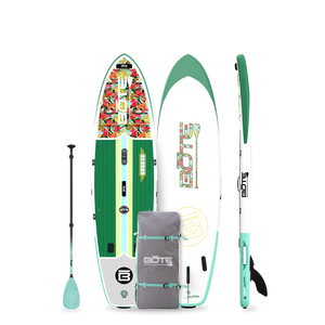 Paddleboard set with green and white board, paddle, and backpack on a white background