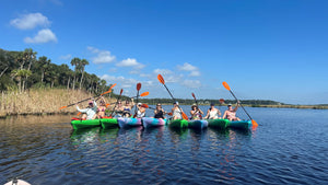 Group of people kayaking on a calm body of water with a clear blue sky.