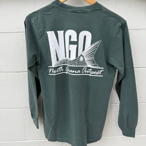 Green long-sleeve shirt with 'Ngo' logo on a wooden hanger against a white wall.