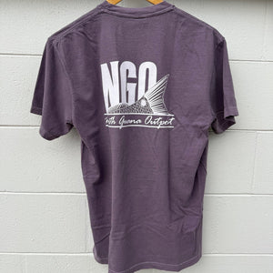 Purple t-shirt with a logo and text on a wooden hanger against a white wall.
