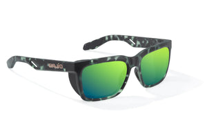 Sunglasses with green lenses and camouflage frame on a white background