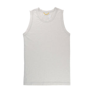 A white, short-sleeved women's tank top with a high neckline and a small brand tag on the neck.