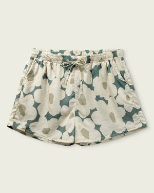 Floral patterned shorts on a light gray background