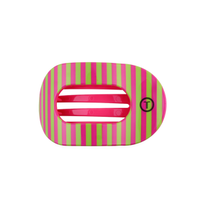 Round hair clip with pink and green striped pattern on a white background