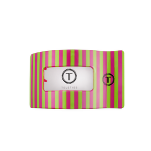 Striped pink and green tie with 'Teleties' brand logo on a white background