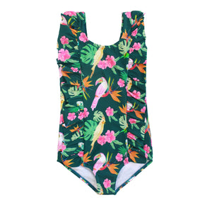 Isla Botánica Tropical Birds Ruffle Front One Piece Girls Swimsuit