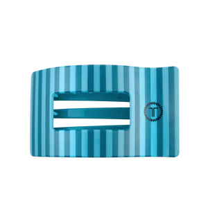 Blue striped hair clip with a brand logo on a white background